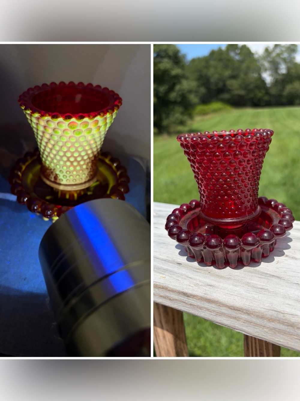 Ruby Red Glass Hobnail Votive Peg Candle Holder Cadmium Uranium Glows Vintage